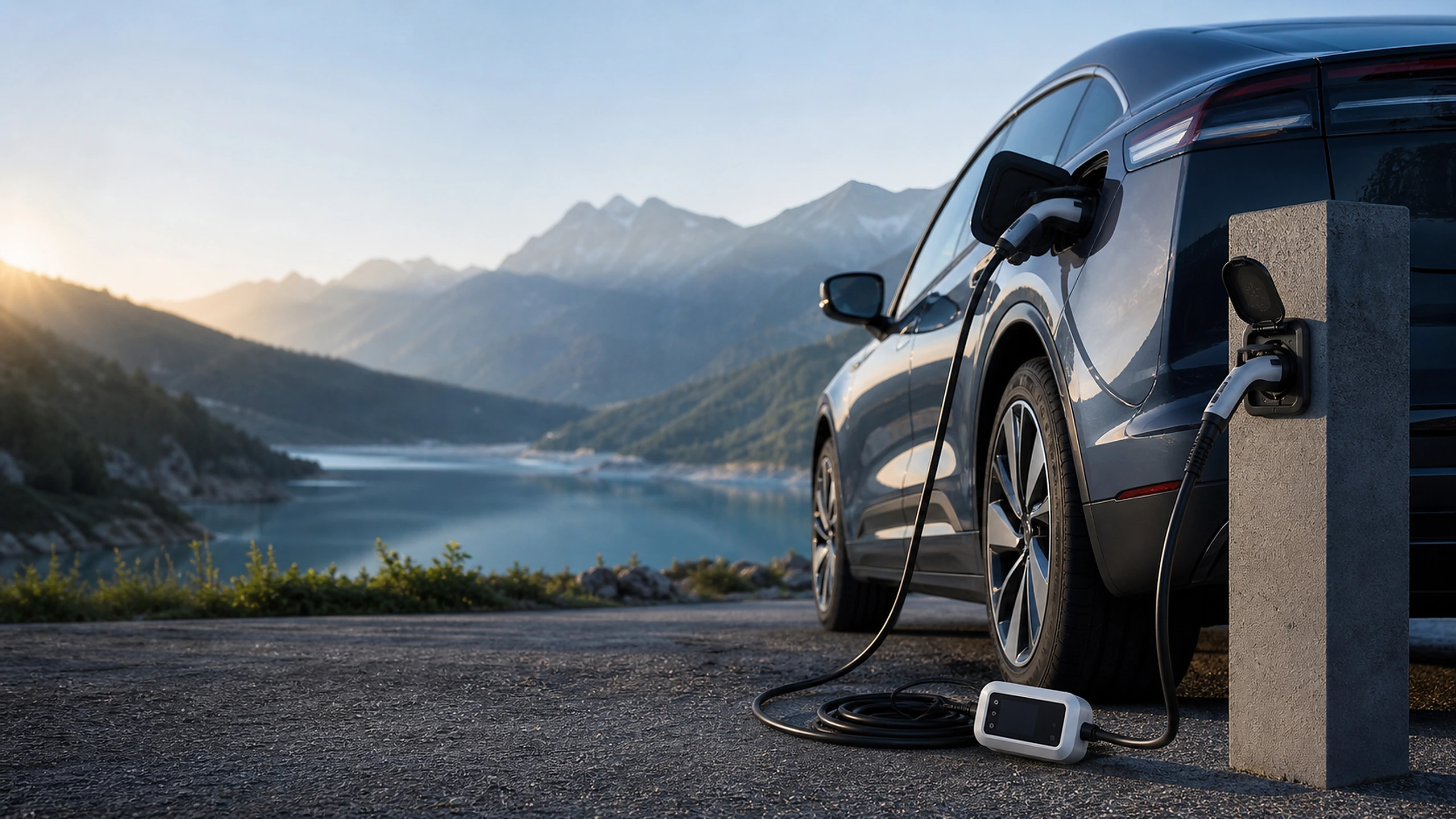 Portable EV charger in a mountain travel setting