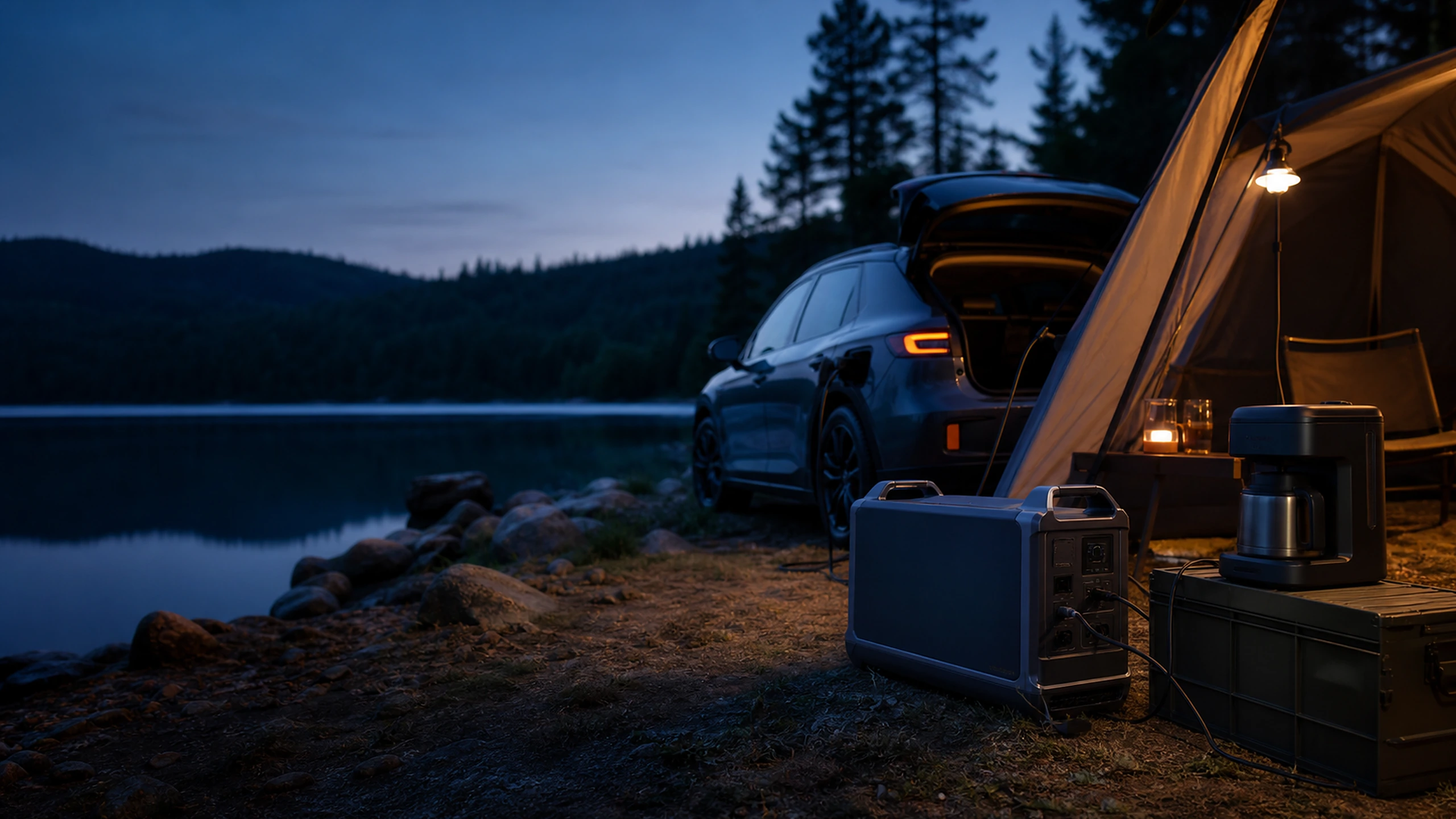 Portable power station supplying an outdoor campsite
