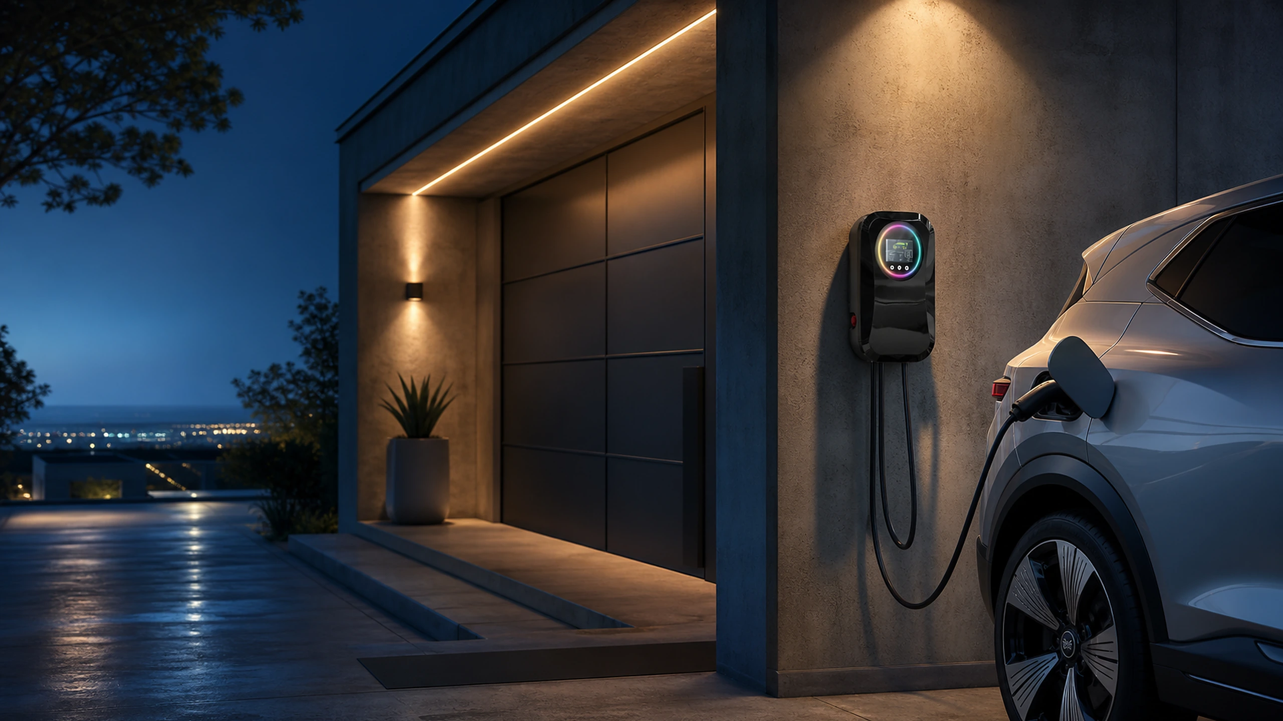 Wall-mounted EV charger installed at a modern home