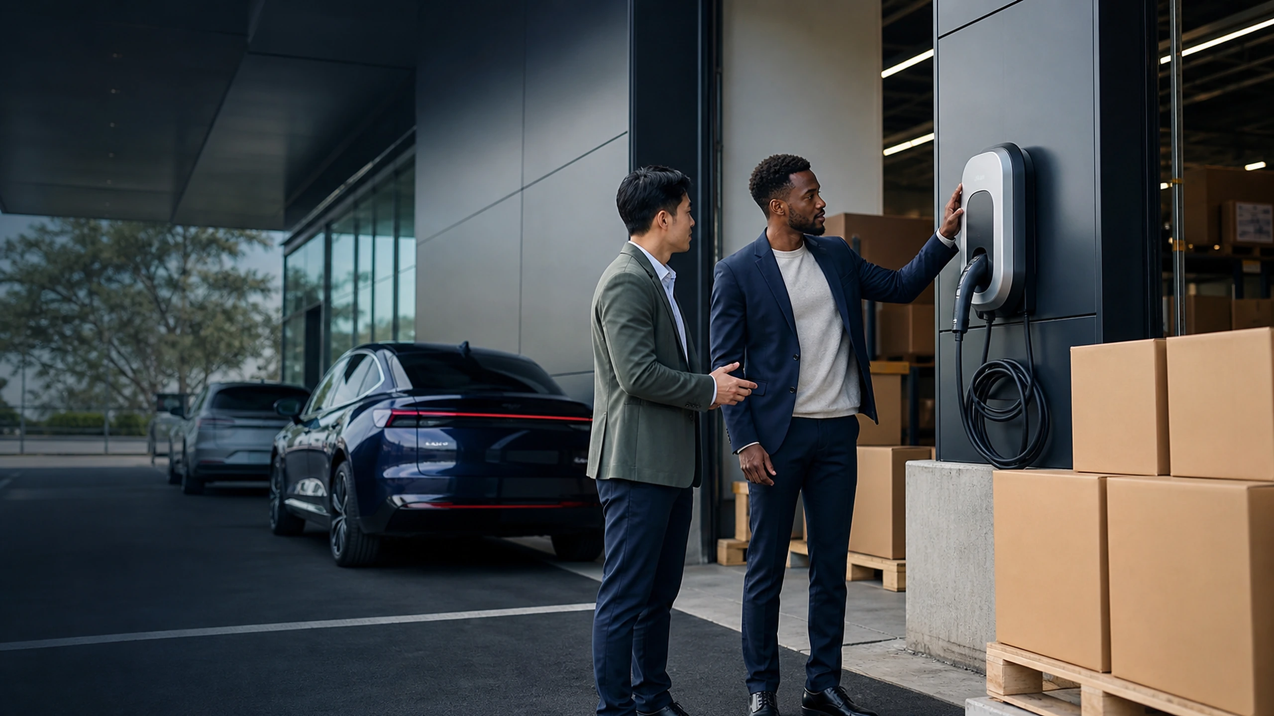 EV charging partners reviewing products at a distribution facility