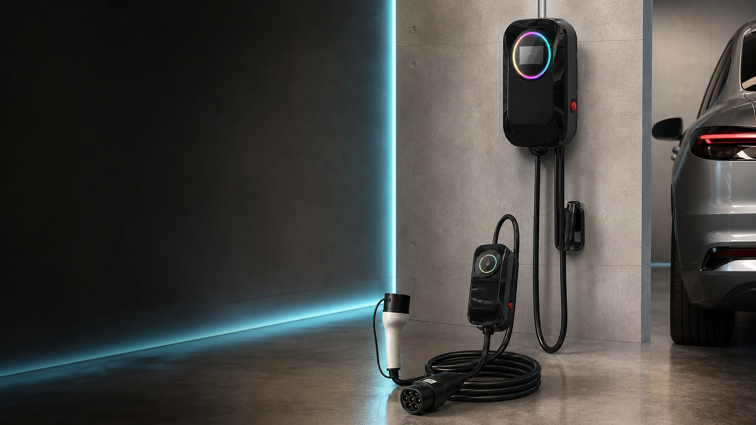 Wall-mounted and portable EV charging products in a modern garage