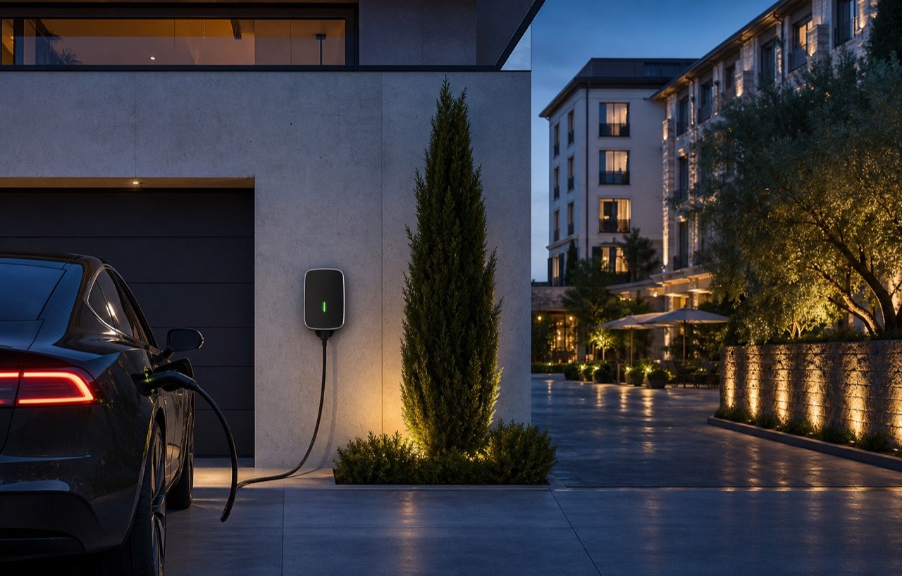 Electric vehicle using a wall-mounted charger at a residential and destination property