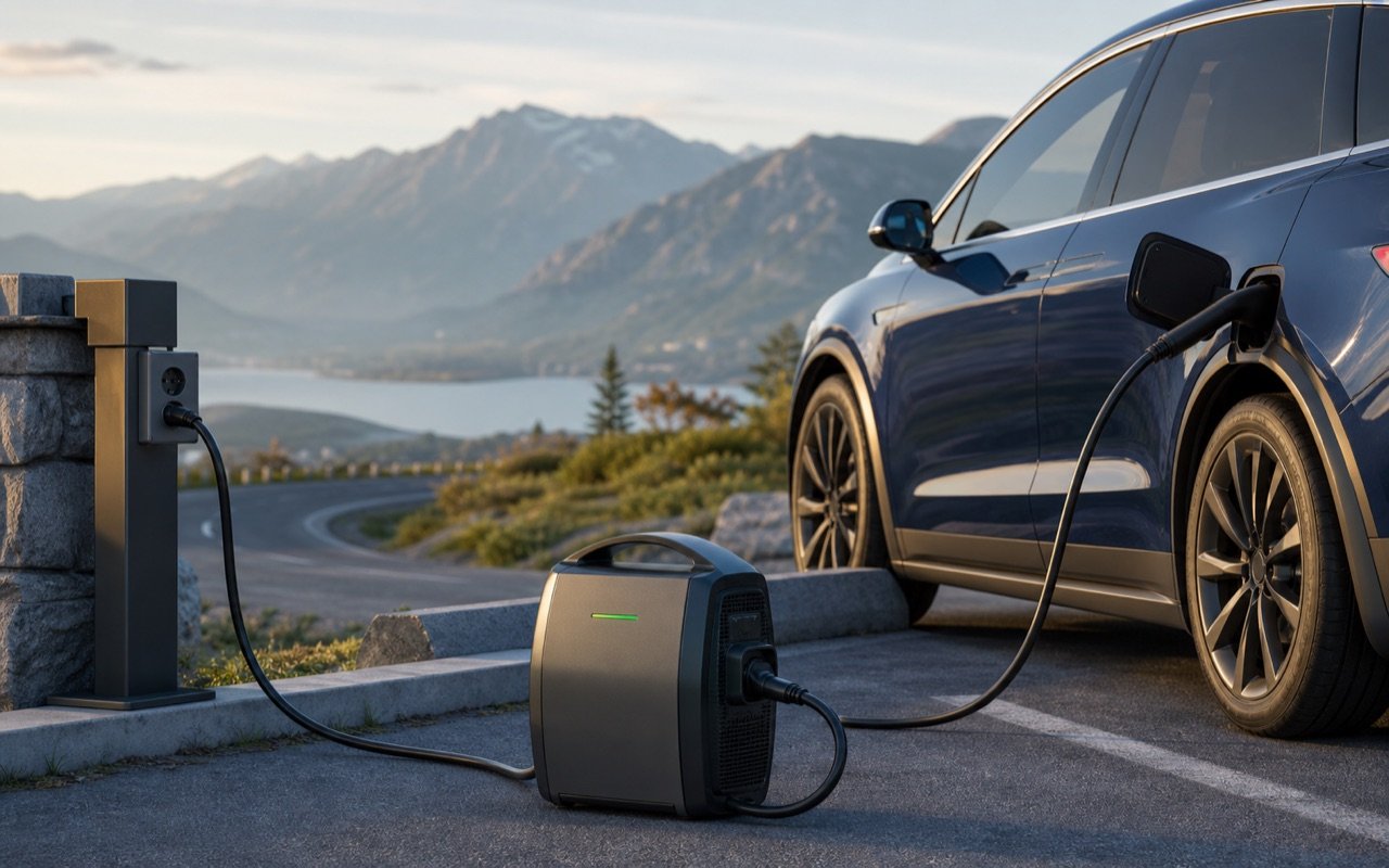 Portable EV charging equipment used during a long-distance journey