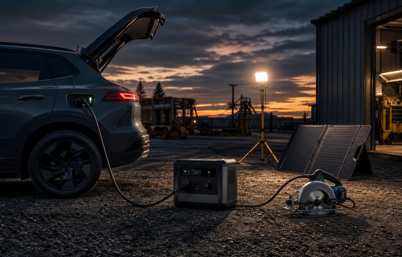 Electric vehicle supplying portable power equipment at a professional worksite